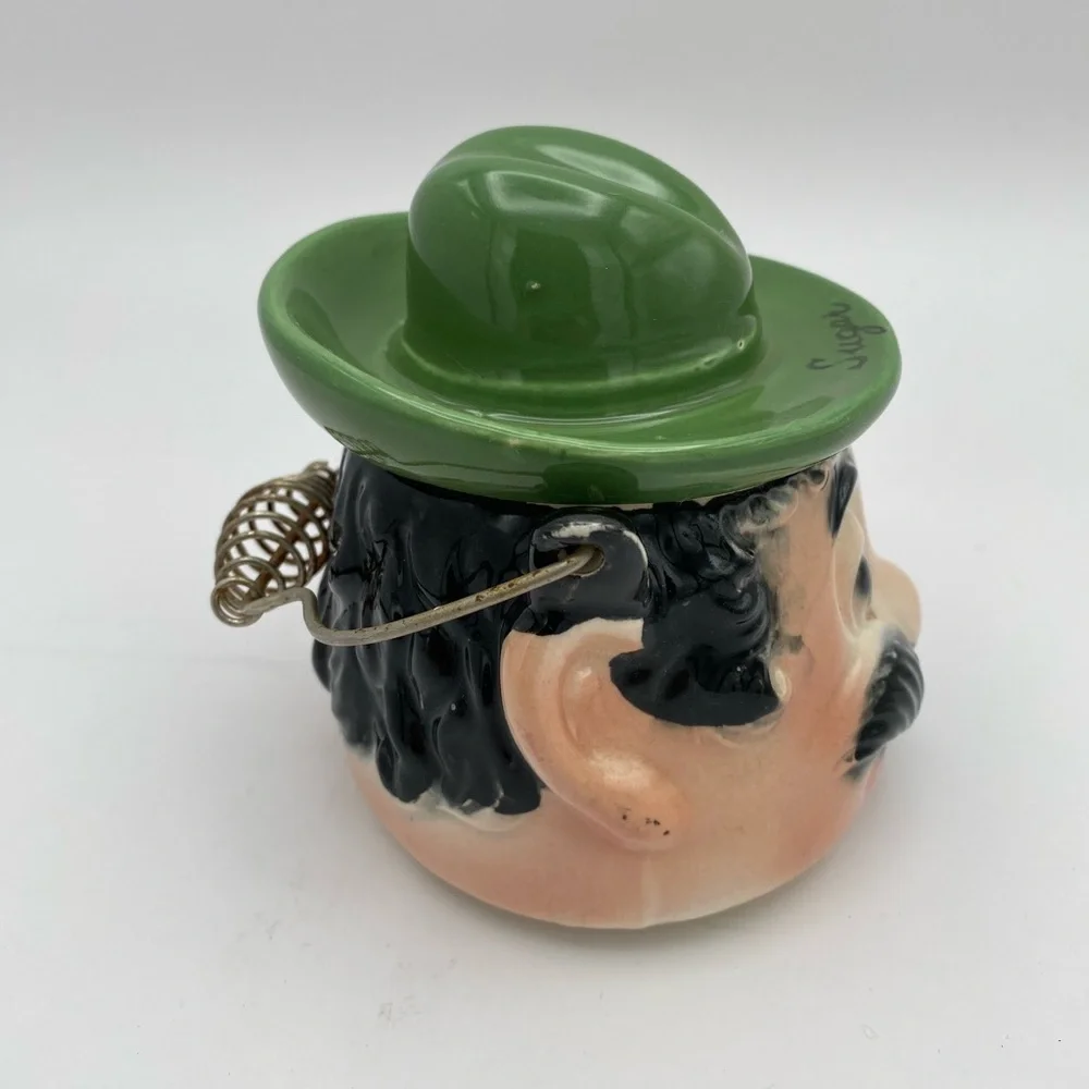 Tilso Japan ceramic mustache Man bowl green hat wire handle vintage 1960’s